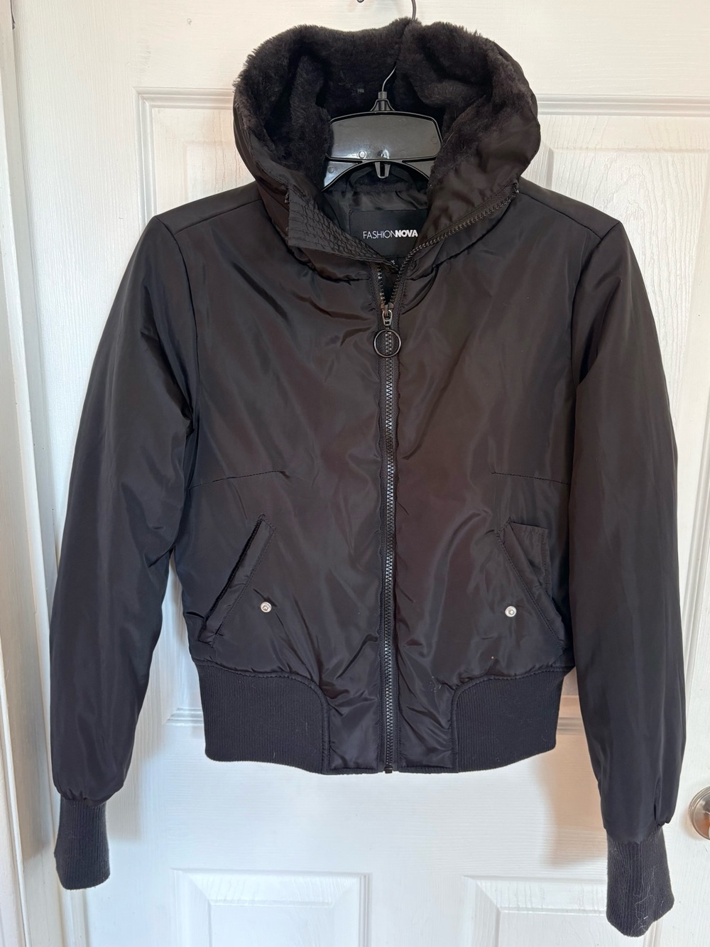 Fashion Nova Black Bomber Jacket with Faux Fur Hood